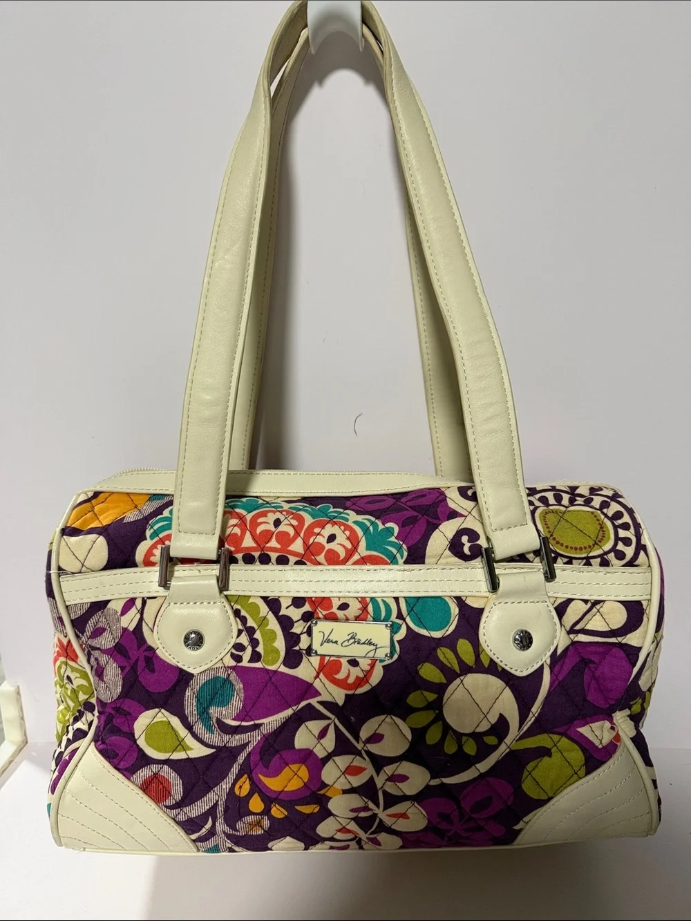 Vera Bradley Purple Crazy Floral Satchel with Cream Trim